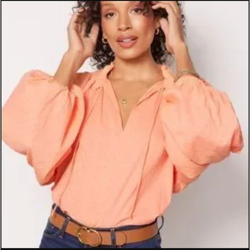 Cleobella Phoenix Blouse Organic Cotton Women's XL Dobby Ruffle Coral Peach NWT